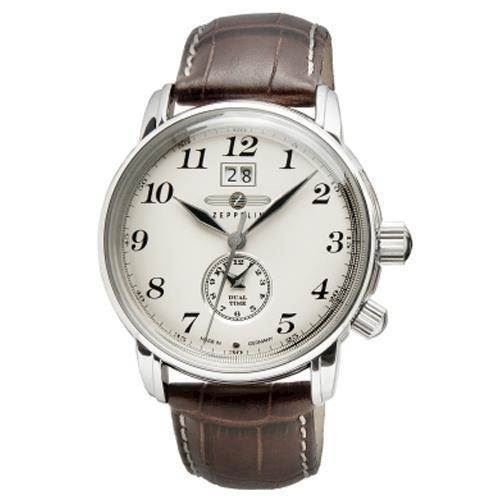 Image of 7644-5 Zeppelin Count dual time herreur<br>beige urskive og brun læderrem